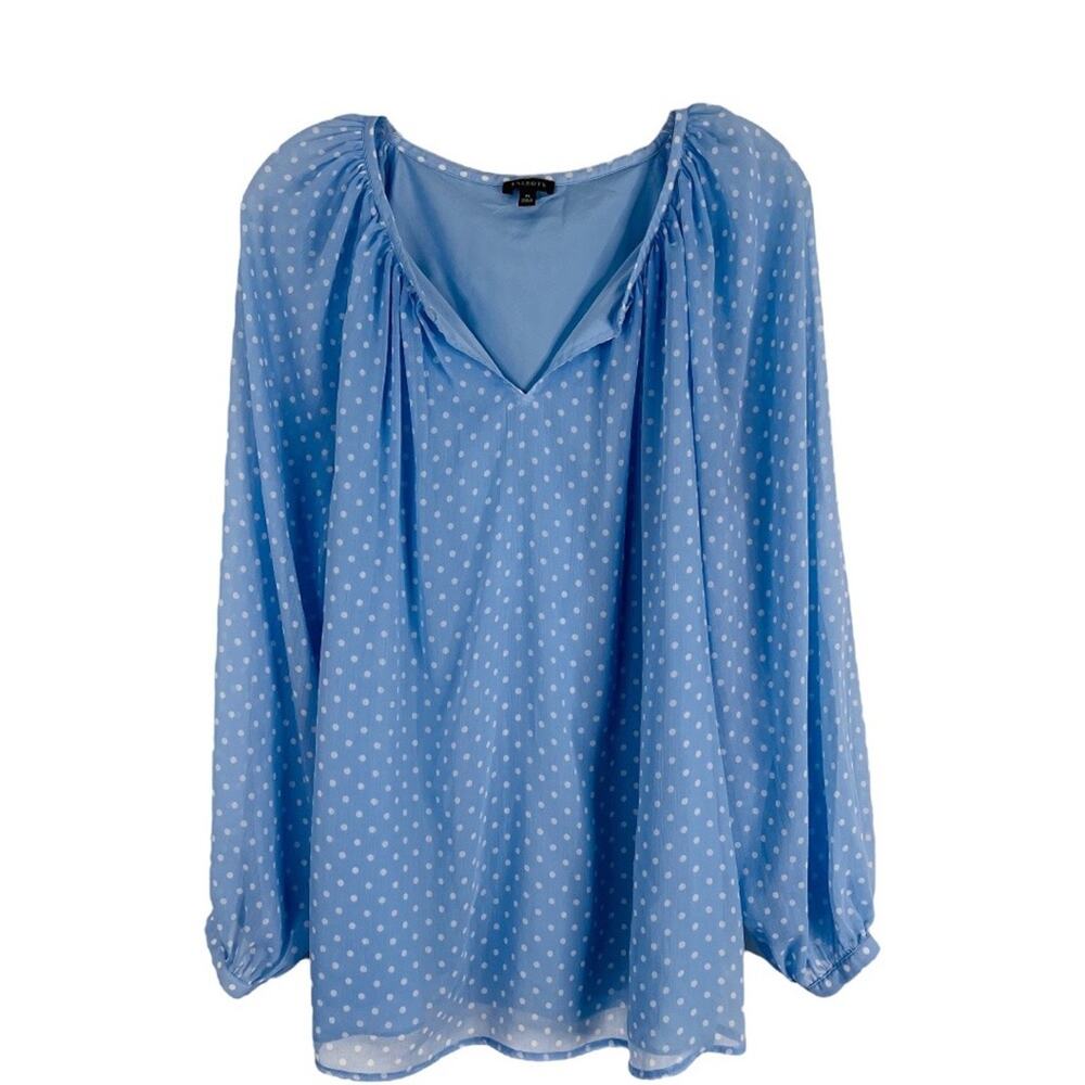 Talbots blue white polka dot preppy chiffon puff balloon sleeve top medium